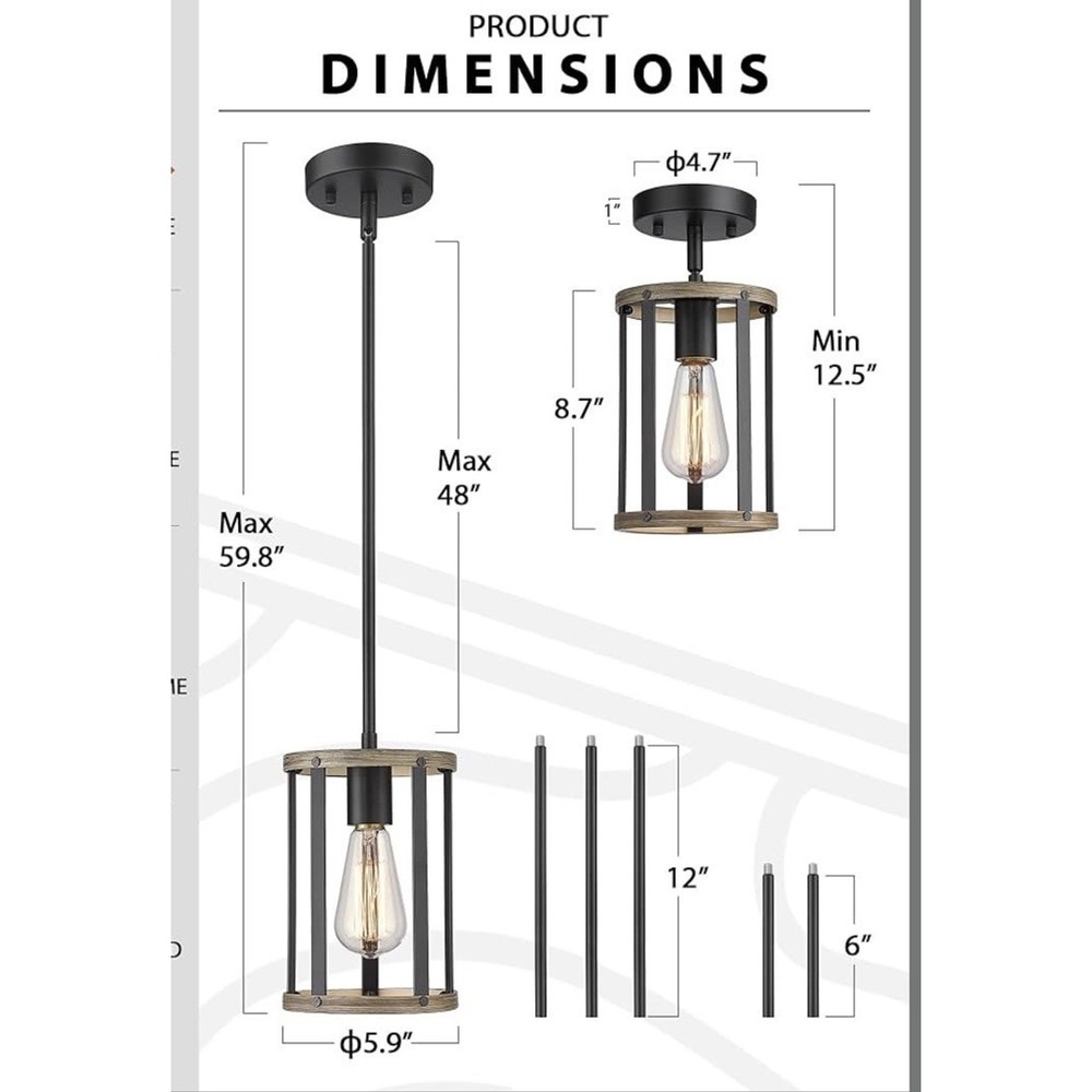 2 Pack Farmhouse Pendant Light Kitchen Island Hanging Black /wood Adjustable NEW - Picture 3 of 7